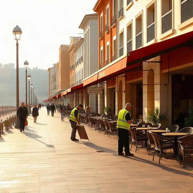Rambla de Punta del Este al amanecer con trabajadores preparando una terraza de café