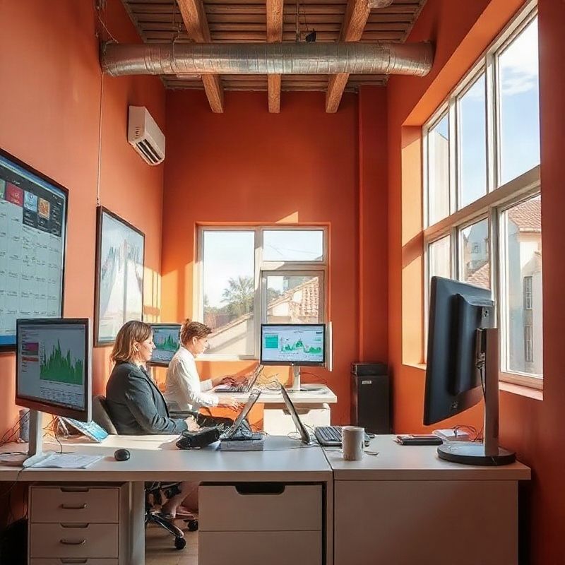 Redacción editorial en Punta del Este con paredes terracota y monitores con gráficos