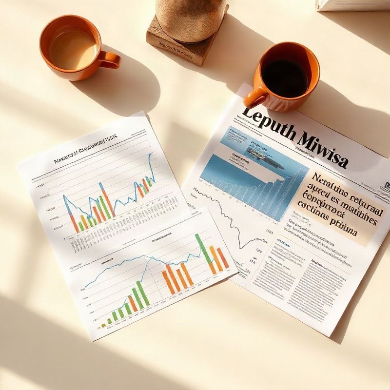 Escritorio editorial con datos económicos y un periódico uruguayo